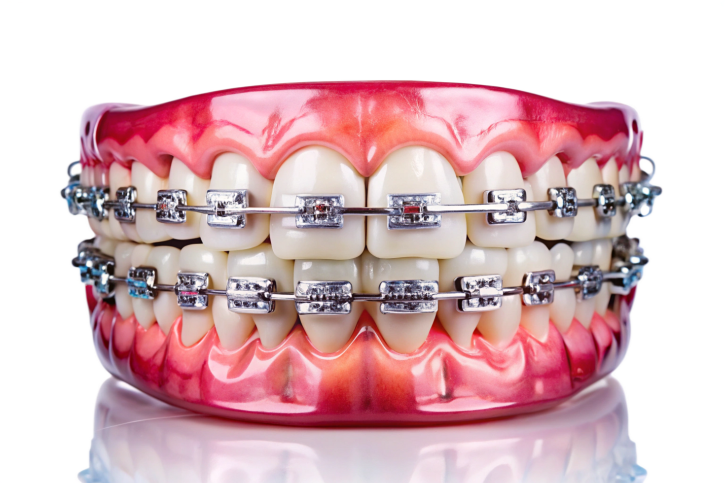 Closeup of Dental Model with Metal Braces Showing Teeth Alignment png