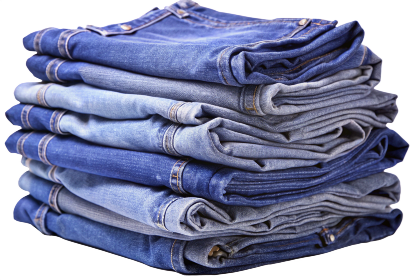 A neat stack of folded blue jeans of varying shades and textures png