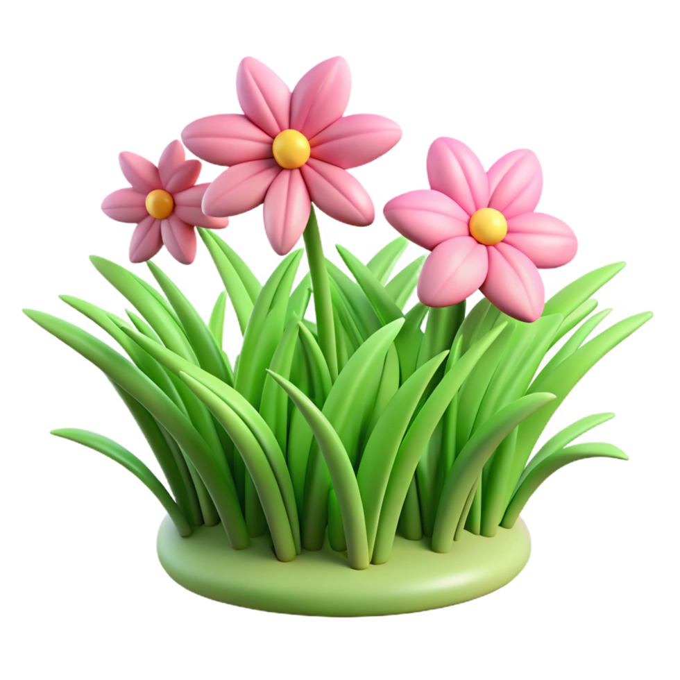 Adorable 3D Render of Pink Flowers Green Grass png
