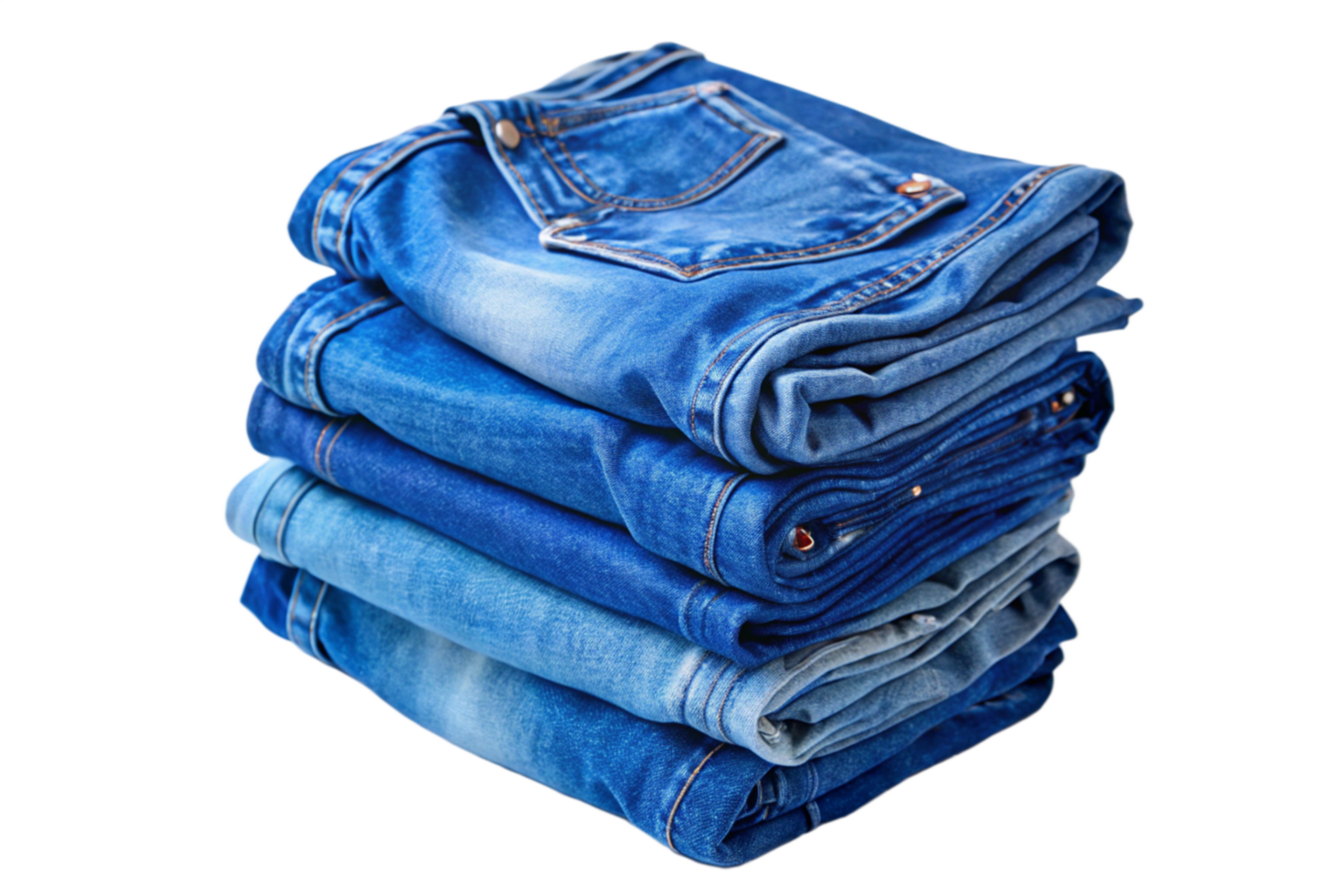 A neatly stacked pile of blue jeans showcasing various shades and textures of denim png