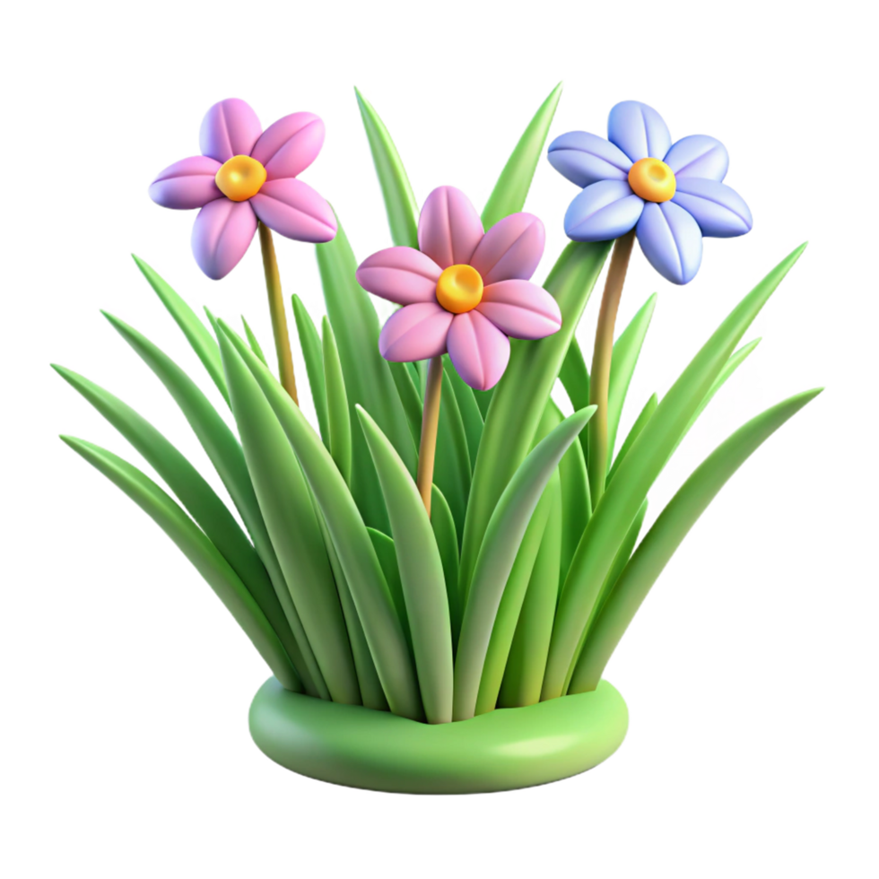 Three 3D cartoon flowers in a pot of lush green grass png