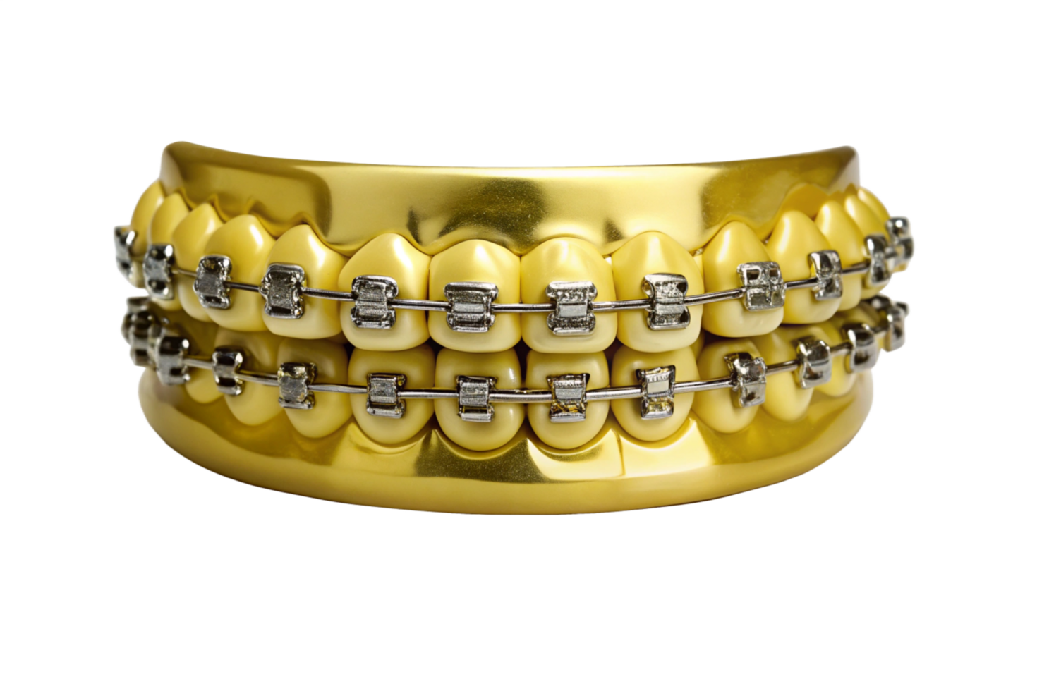 Closeup of Gold Teeth with Metal Braces on Black Background png