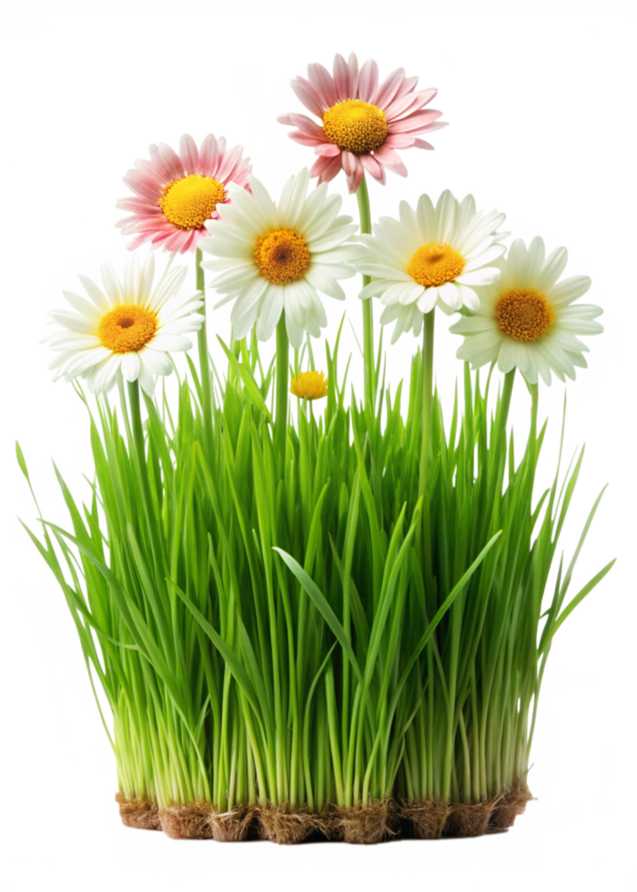 Beautiful White and Pink Daisies in Lush Green Grass png