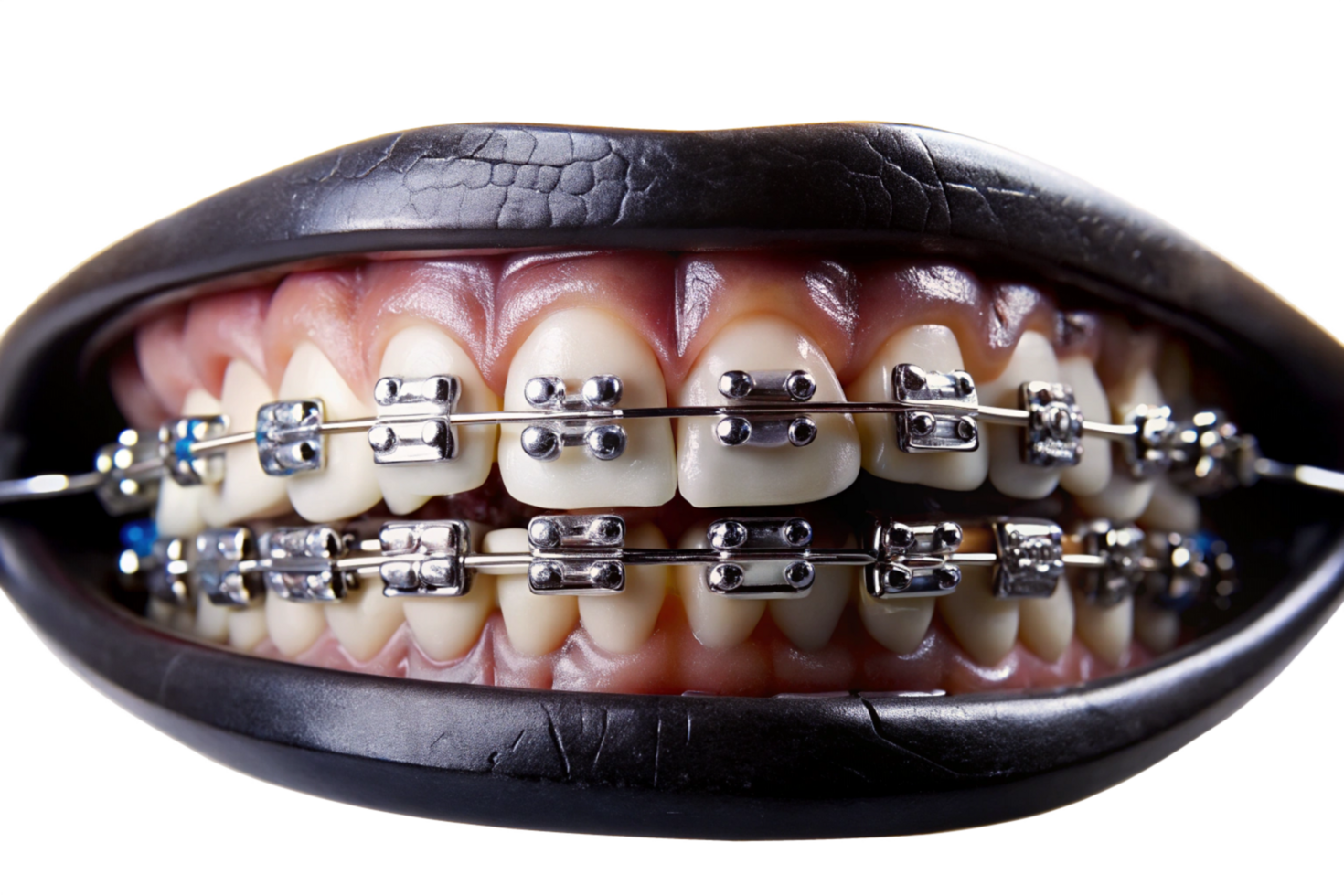 Closeup of Teeth with Metal Braces in a Black Mouthguard png