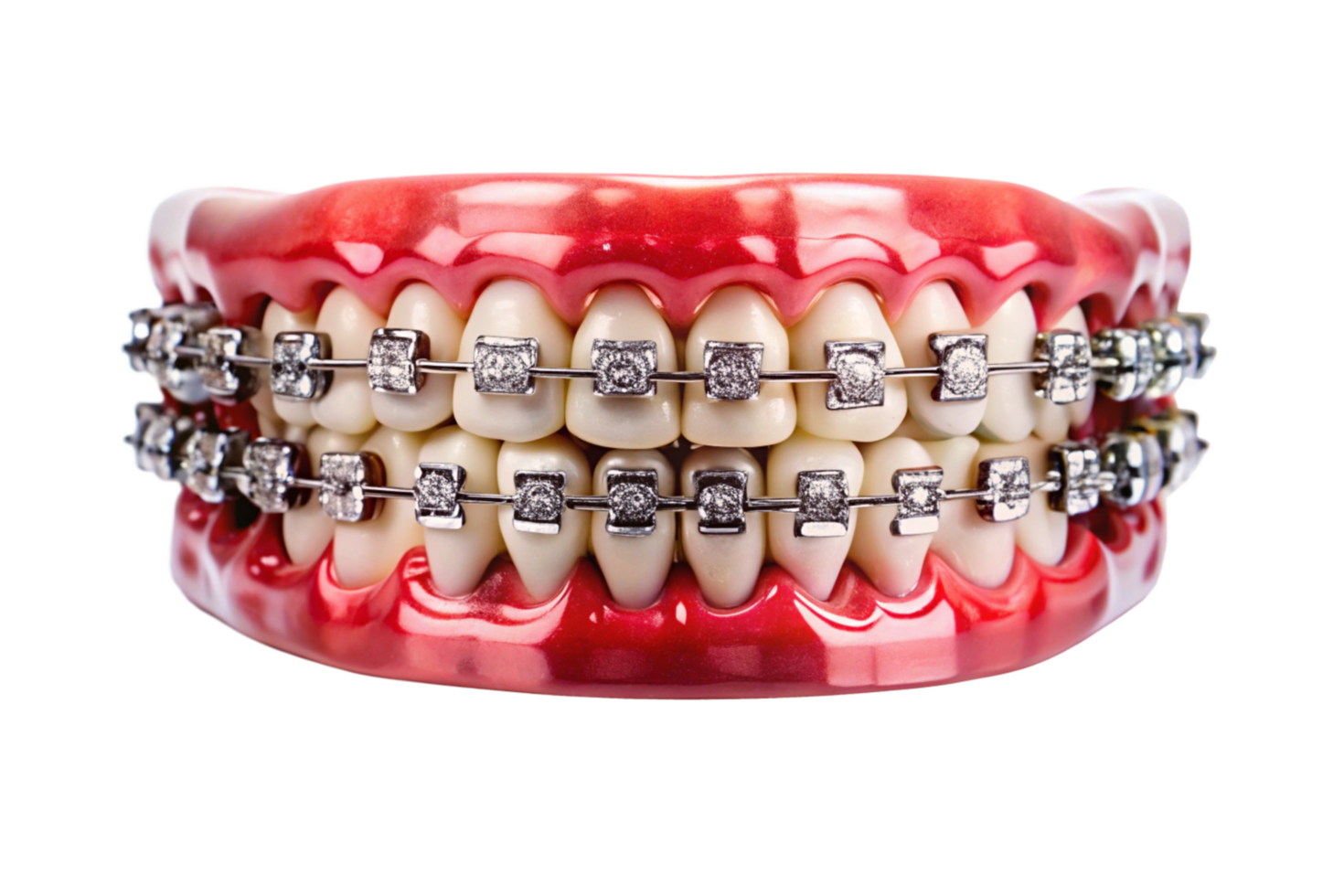 Closeup view of a dental model showcasing meticulously detailed orthodontic braces with sparkling accents png