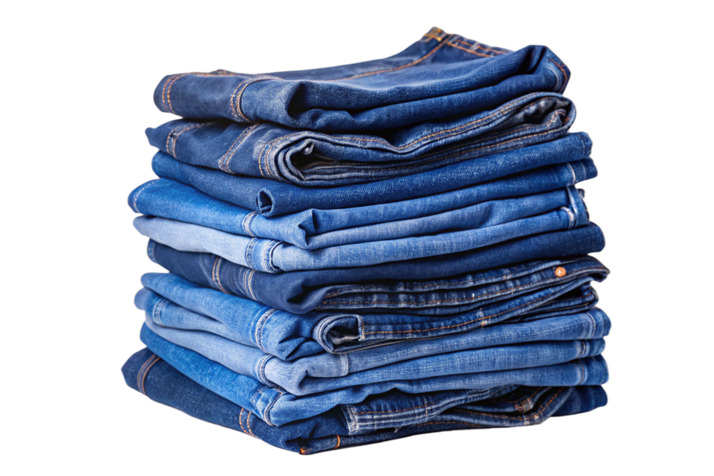 A neatly stacked pile of blue jeans isolated on a black background showing various shades of denim png