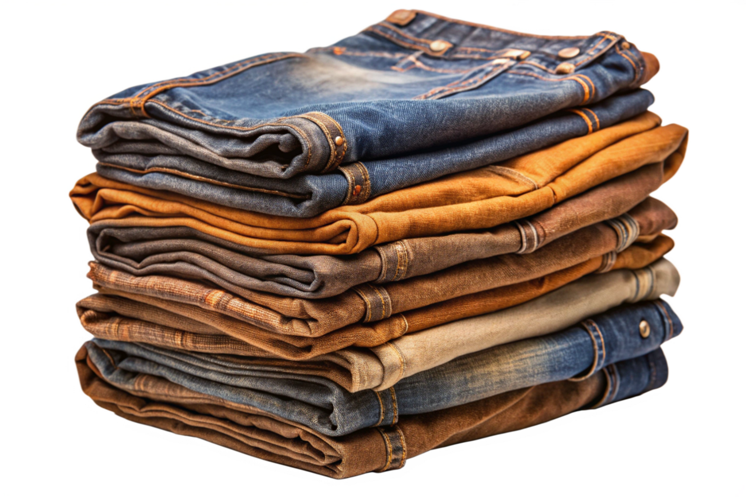 A neatly stacked pile of various colored jeans showcasing different shades of denim and brown fabrics png