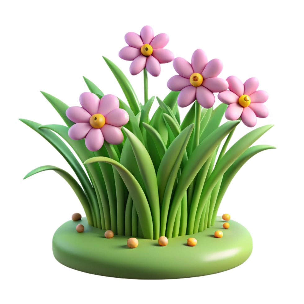 Adorable 3D Render of Pink Flowers in Lush Green Grass with Yellow Accents png