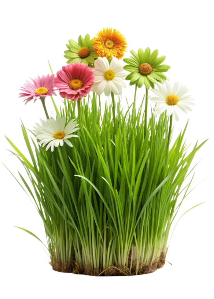 Vibrant Gerbera Daisies and Daisies in Lush Green Grass png