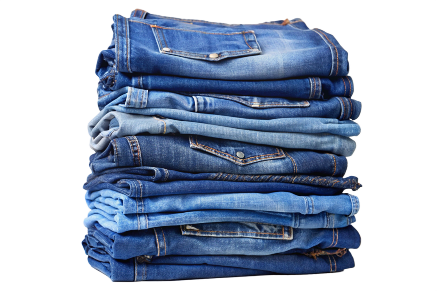 A large stack of neatly folded blue jeans, denim clothing apparel png