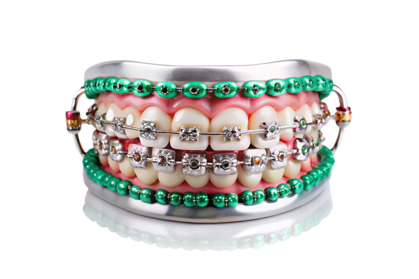 Closeup of a Model Jaw with Colorful Braces and Beads png