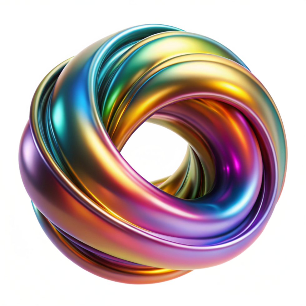 Abstract 3D Render of a Colorful Intertwined Torus Knot with Iridescent Rainbow Hues and Glowing Metallic Surface png