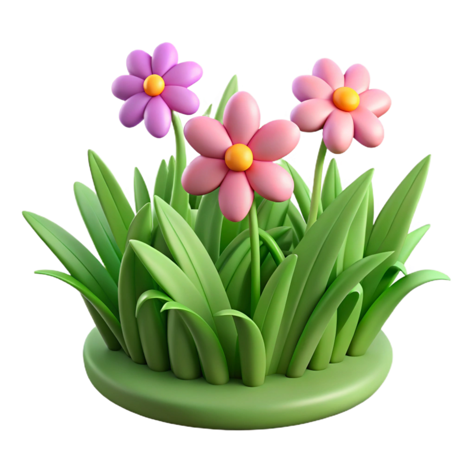 Adorable 3D Render of Pink and Purple Flowers in Lush Green Grass png