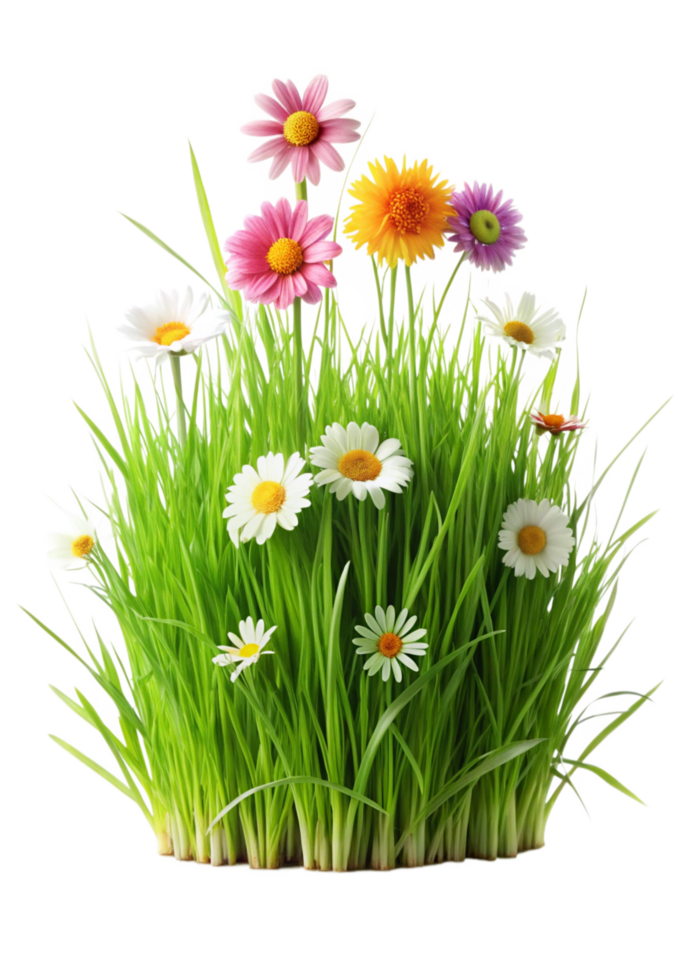 Vibrant Spring Flowers Blooming in Lush Green Grass a Delightful Floral Arrangement png