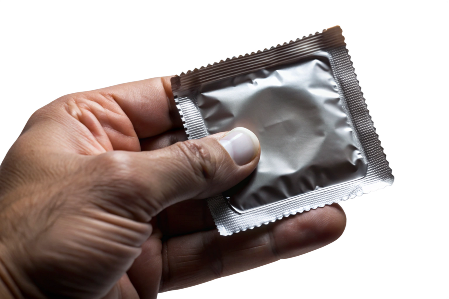 hand holding a condom in its packaging against a black background png