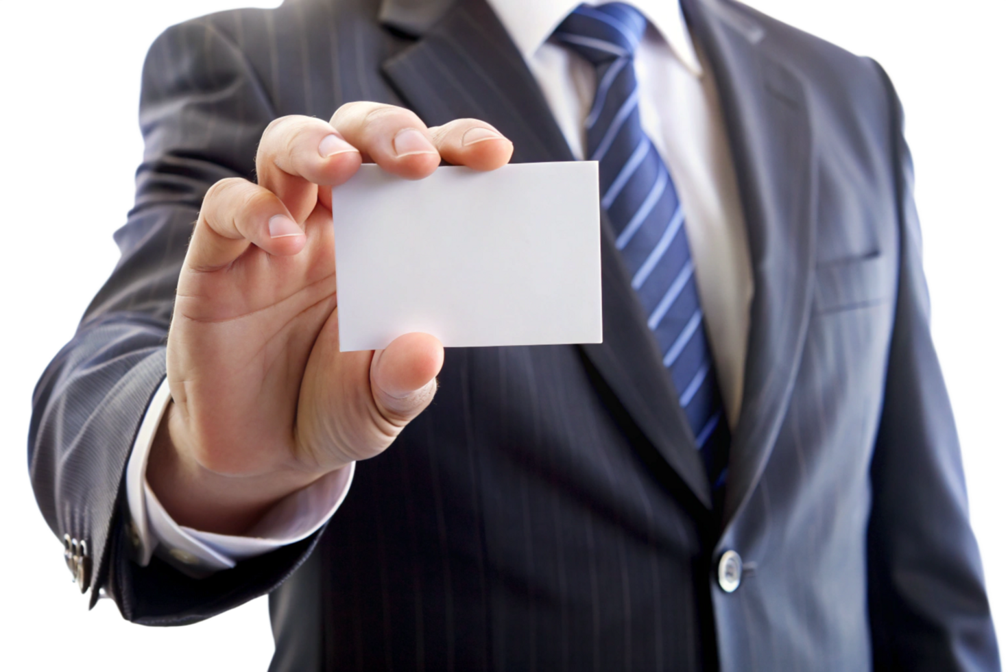 Businessman in Suit Presenting Blank Business Card Closeup png