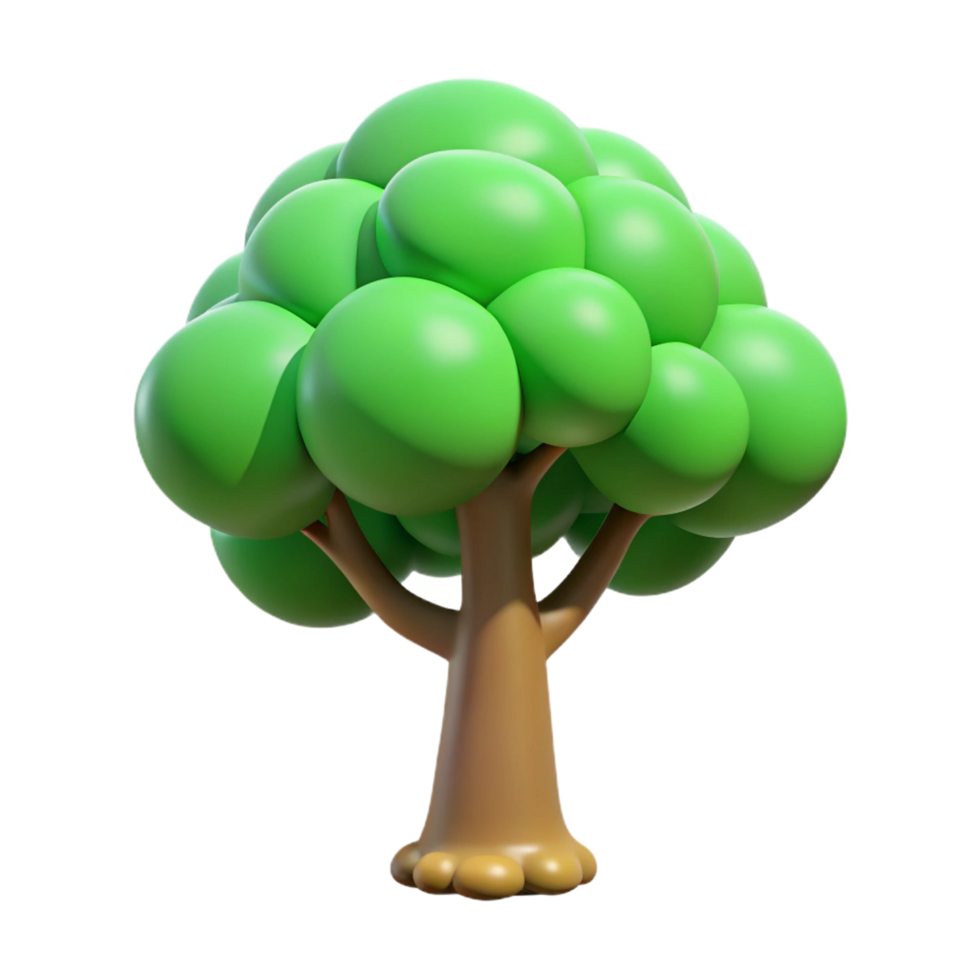 A charming cartoon tree with a bulbous green crown and a stout brown trunk, rendered in a playful 3D style png