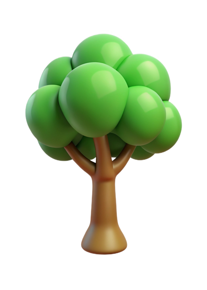 A charming 3D rendering of a cartoon tree with a lush green canopy and a sturdy brown trunk png