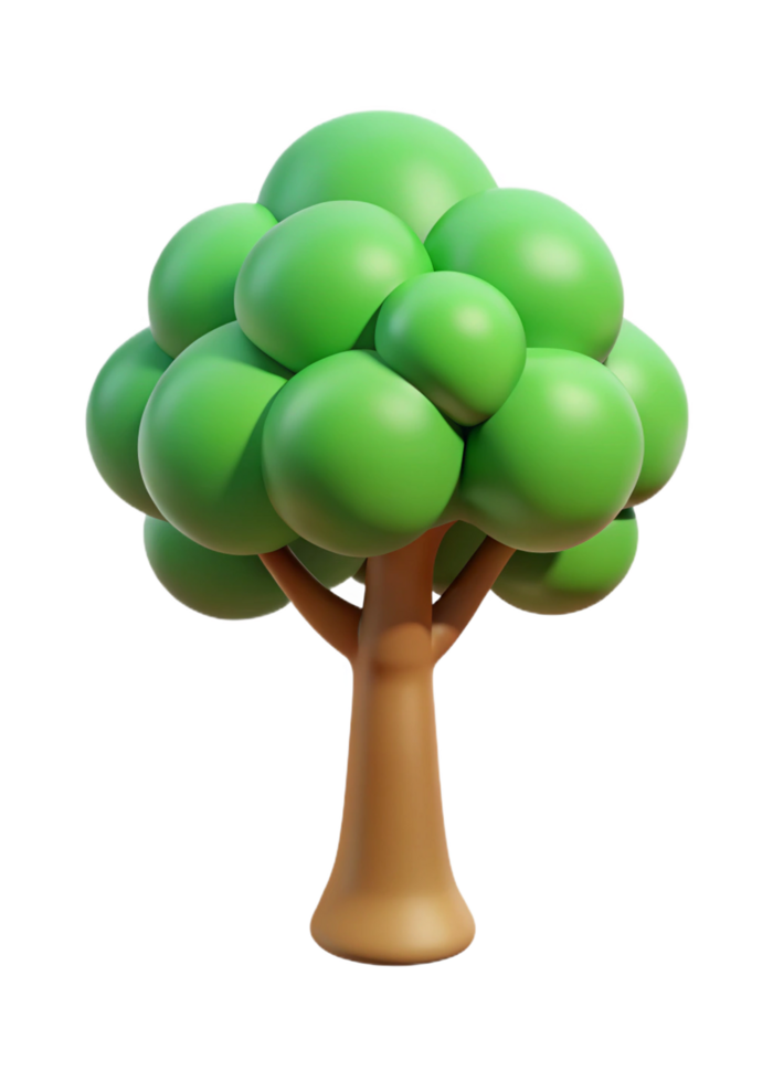 A charming 3D render of a cartoon tree with a simplistic design and bright green leaves png