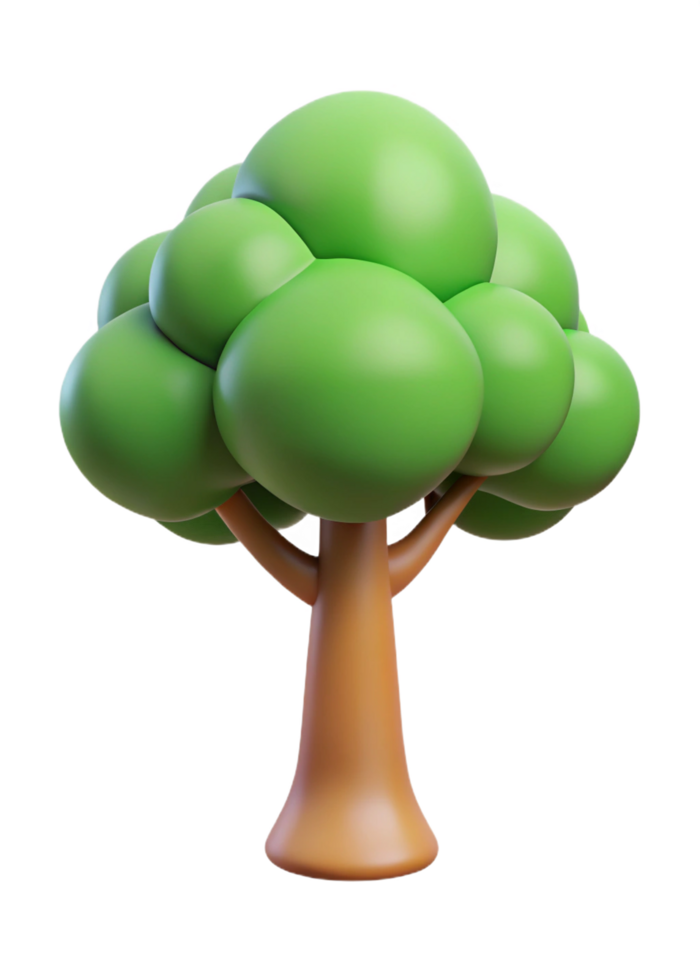A whimsical 3D rendering of a cartoon tree with a bulbous green crown and a brown trunk png