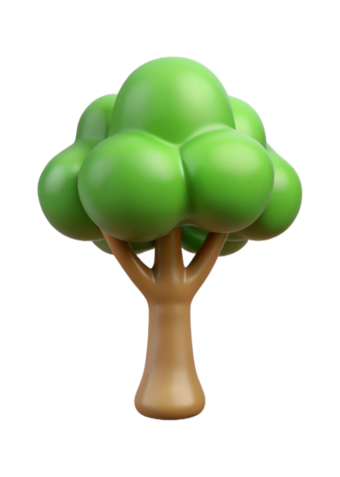 A charming 3D rendering of a cartoon tree with a whimsical design and bright green leaves png