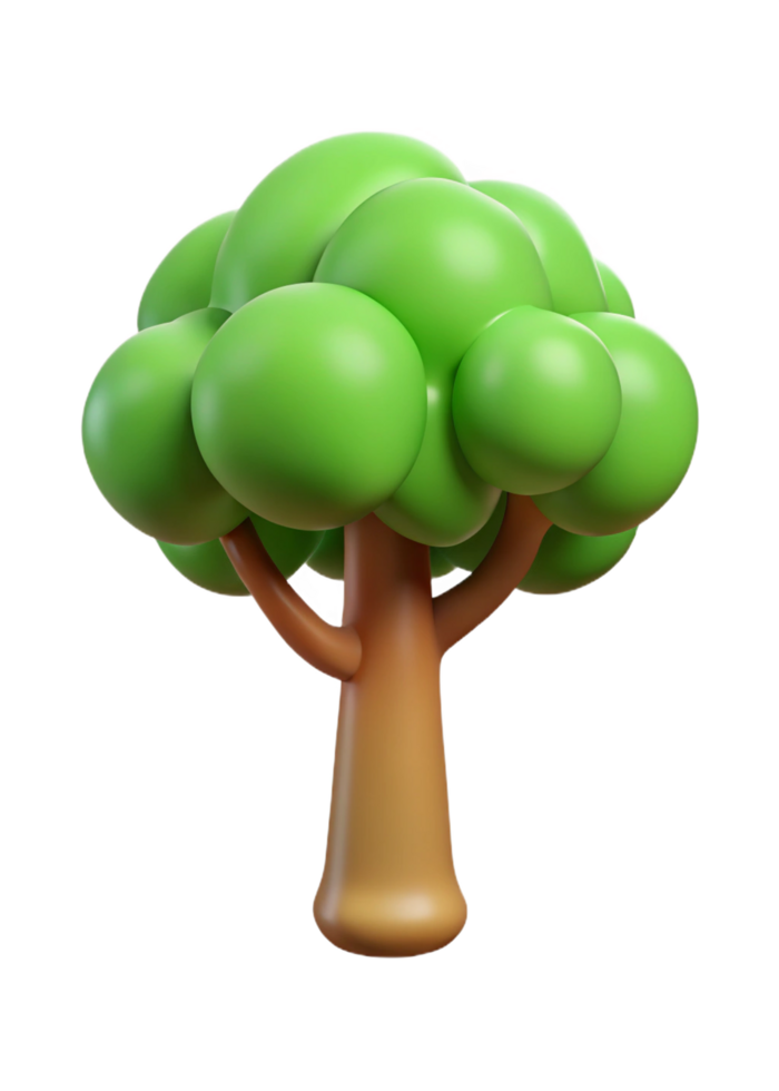 A charming 3D rendering of a cartoon tree with a whimsical design and bulbous green leaves png