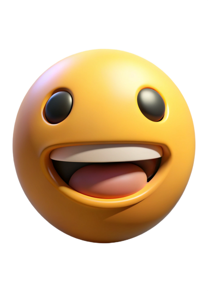 A 3D Render of a Happy Yellow Emoticon with Big Grinning Smile and Tongue Sticking Out png