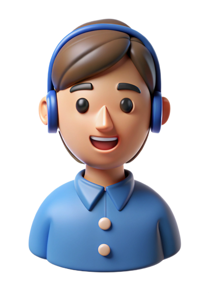 Smiling 3D Cartoon Character Wearing Blue Headphones and Shirt png
