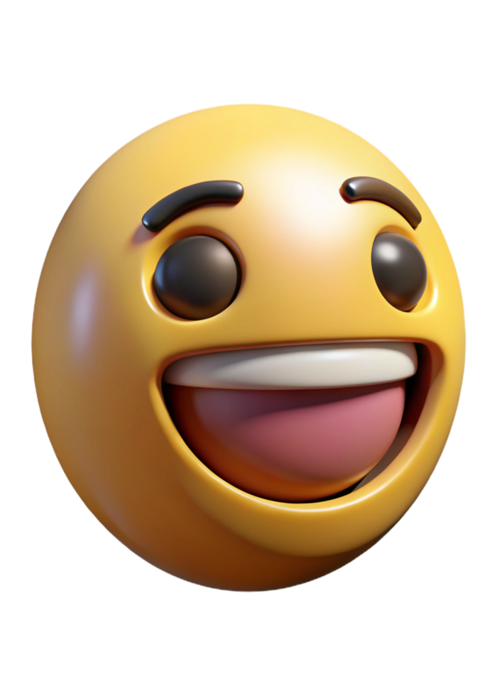 A 3D Render of a Happy Yellow Emoji with Big Eyes and Open Mouth Laughing png