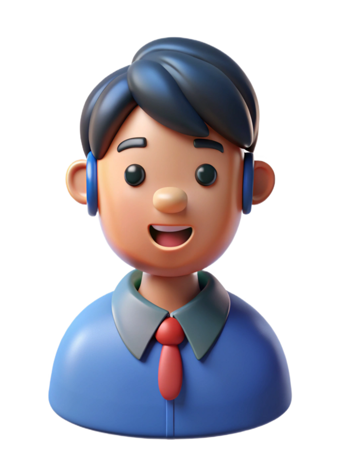 3D Render of a Smiling Cartoon Boy Wearing a Blue Shirt and Red Tie with Headphones png