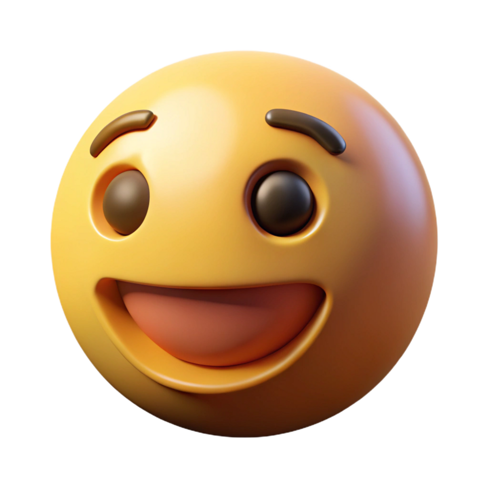 A 3D Render of a Happy Yellow Emoji with a Big Grin and Brown Eyes png