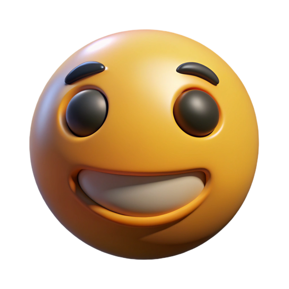 A 3D Render of a Smiling Yellow Emoji Face with Dark Eyes and Eyebrows png