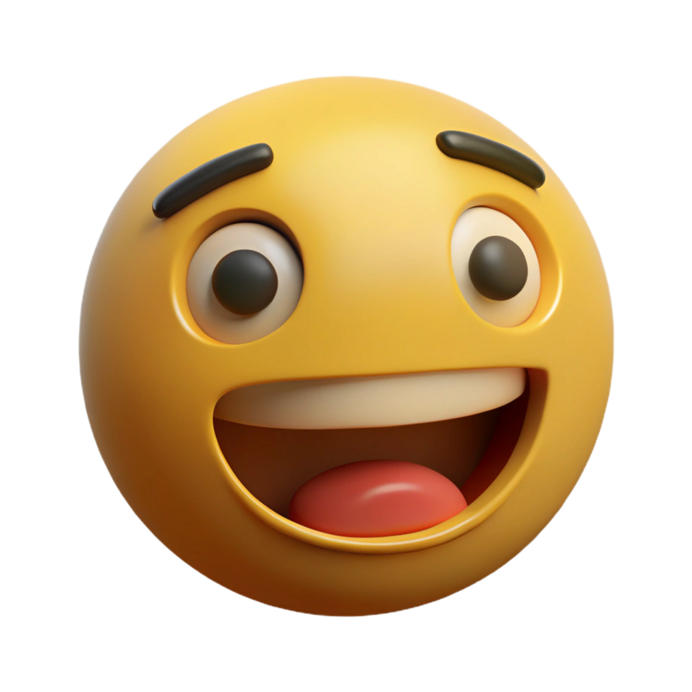 A 3D Render of a Happy Yellow Emoji with Wide Open Mouth and Big Eyes png