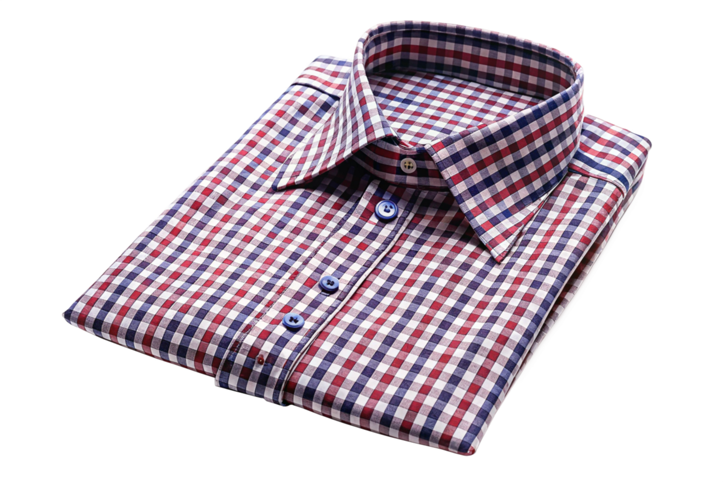 A neatly folded men's dress shirt in a stylish red and navy gingham check pattern png