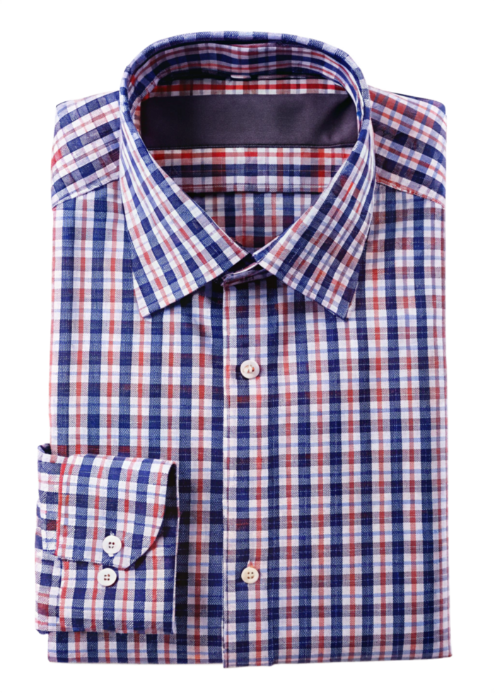 A meticulously folded men's dress shirt in a classic blue red and white checkered pattern png