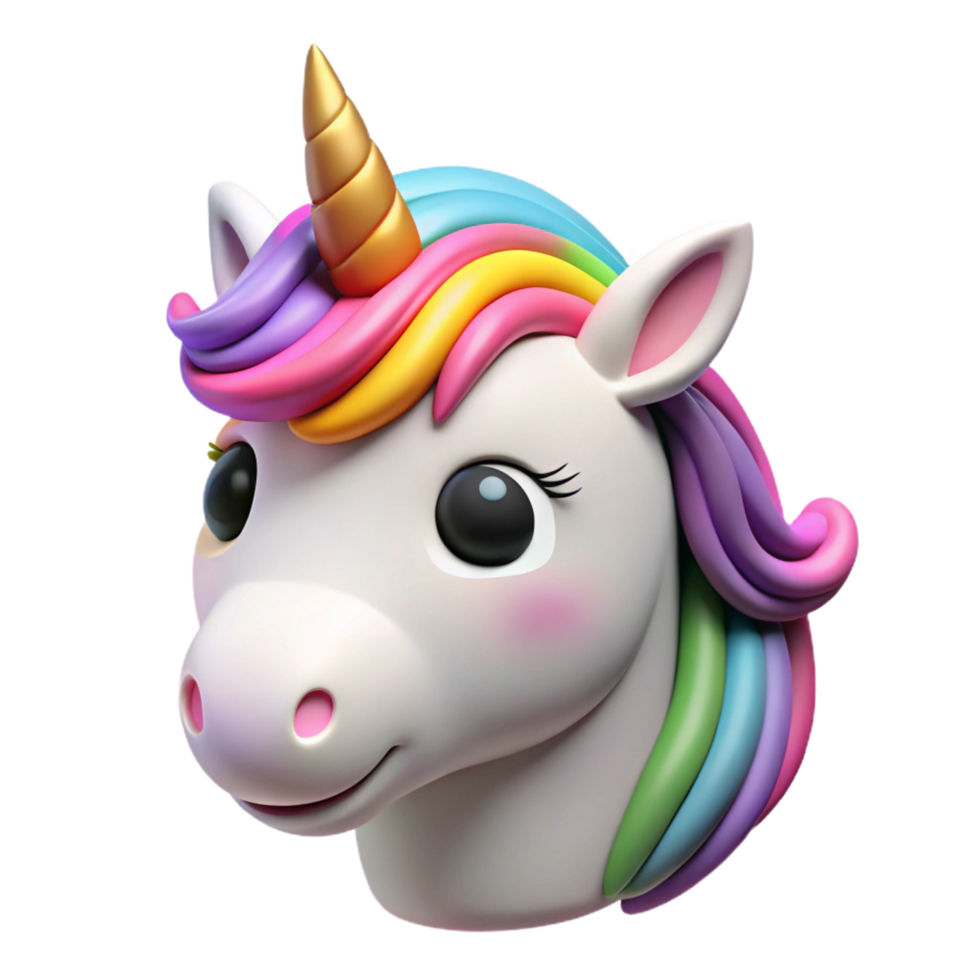 Adorable 3D Render of a Cute Cartoon Unicorn Head with Rainbow Mane and Gold Horn png