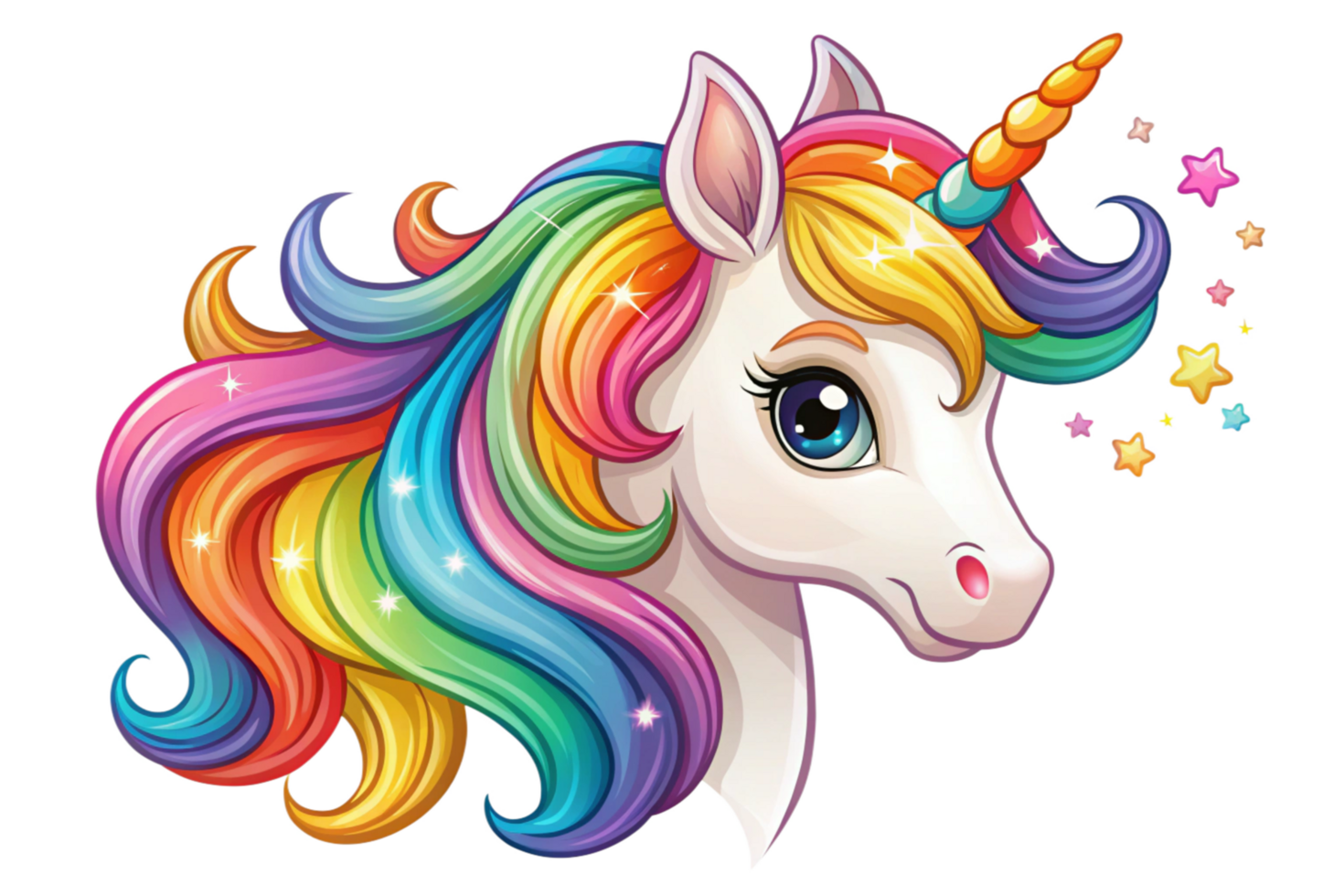 Adorable Rainbow Unicorn Head with Sparkling Mane and Stars png