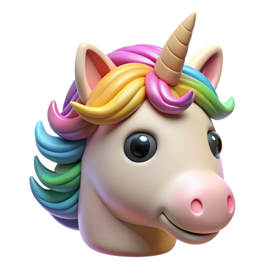 Adorable Rainbow Mane Unicorn Head 3D Render Cartoon Character Illustration png