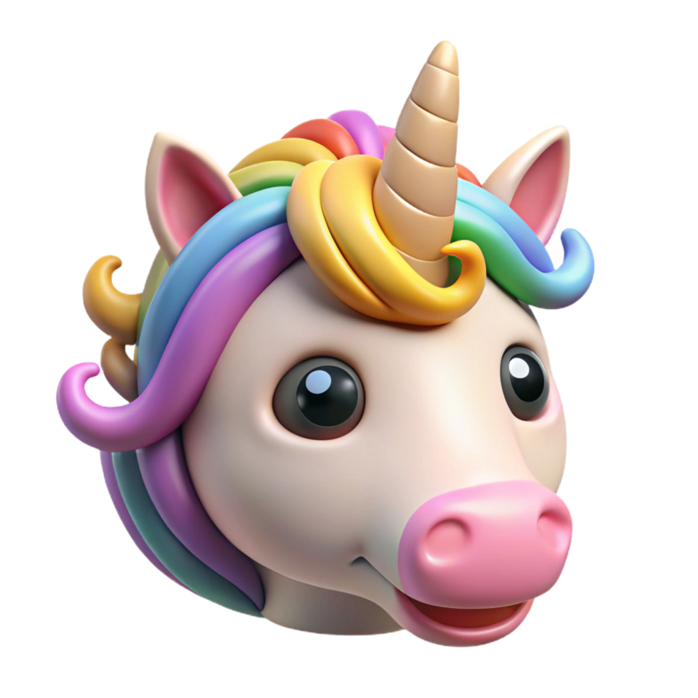Adorable 3D Render of a Cute Rainbow Unicorn Head with a Spiral Horn png
