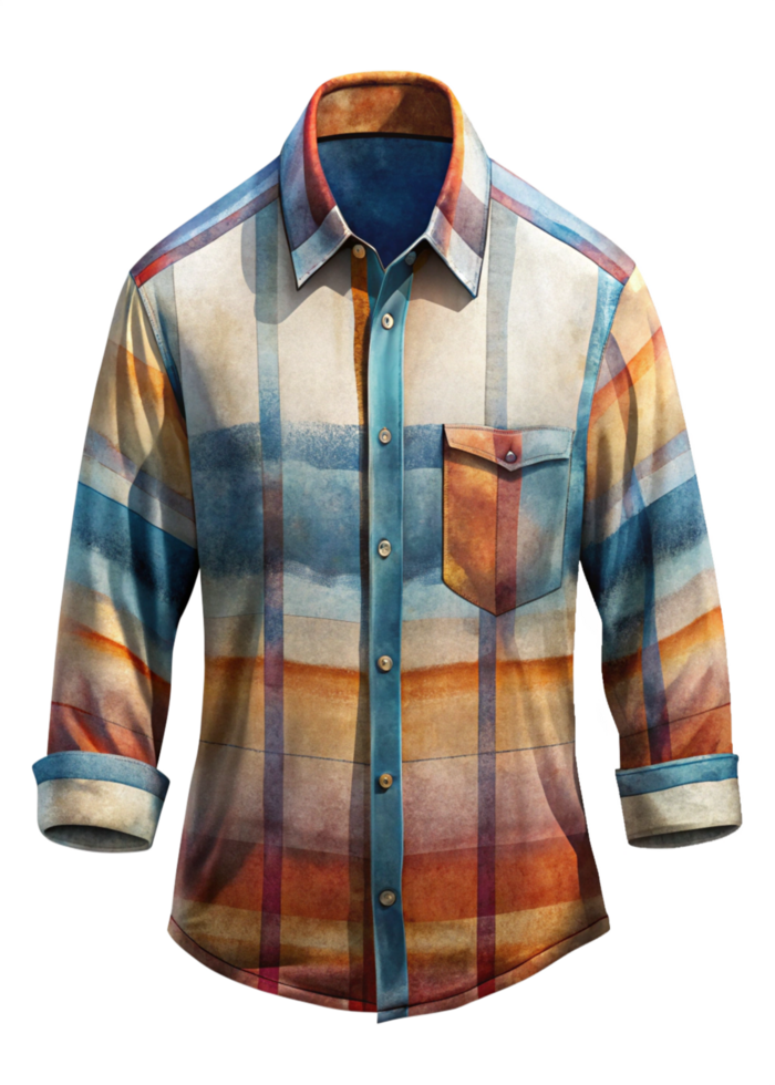 Mens Watercolor Plaid Long Sleeve ButtonDown Shirt Casual Wear Autumn Fashion png