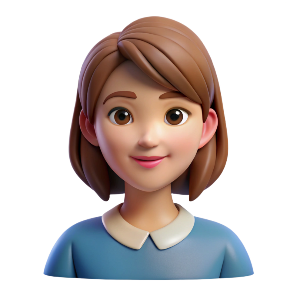Adorable 3D Render of a Young Woman with Brown Hair and Blue Dress png
