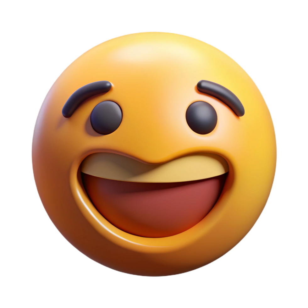 A 3D Render of a Happy Smiling Emoji Icon with Big Open Mouth and Dark Eyebrows png