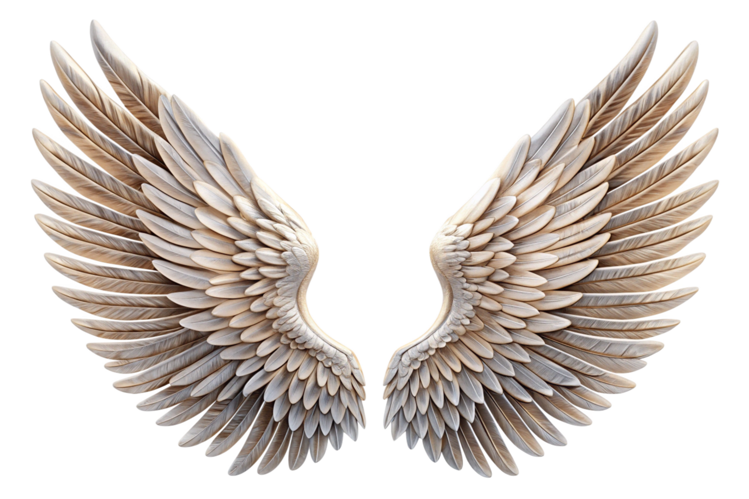 Closeup view of a pair of magnificent sculpted angel wings with detailed feather texture against a black background png