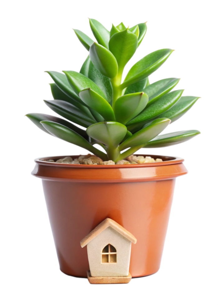 Charming Succulent Planted in a Terracotta Pot Adorned with a Miniature House Decor png
