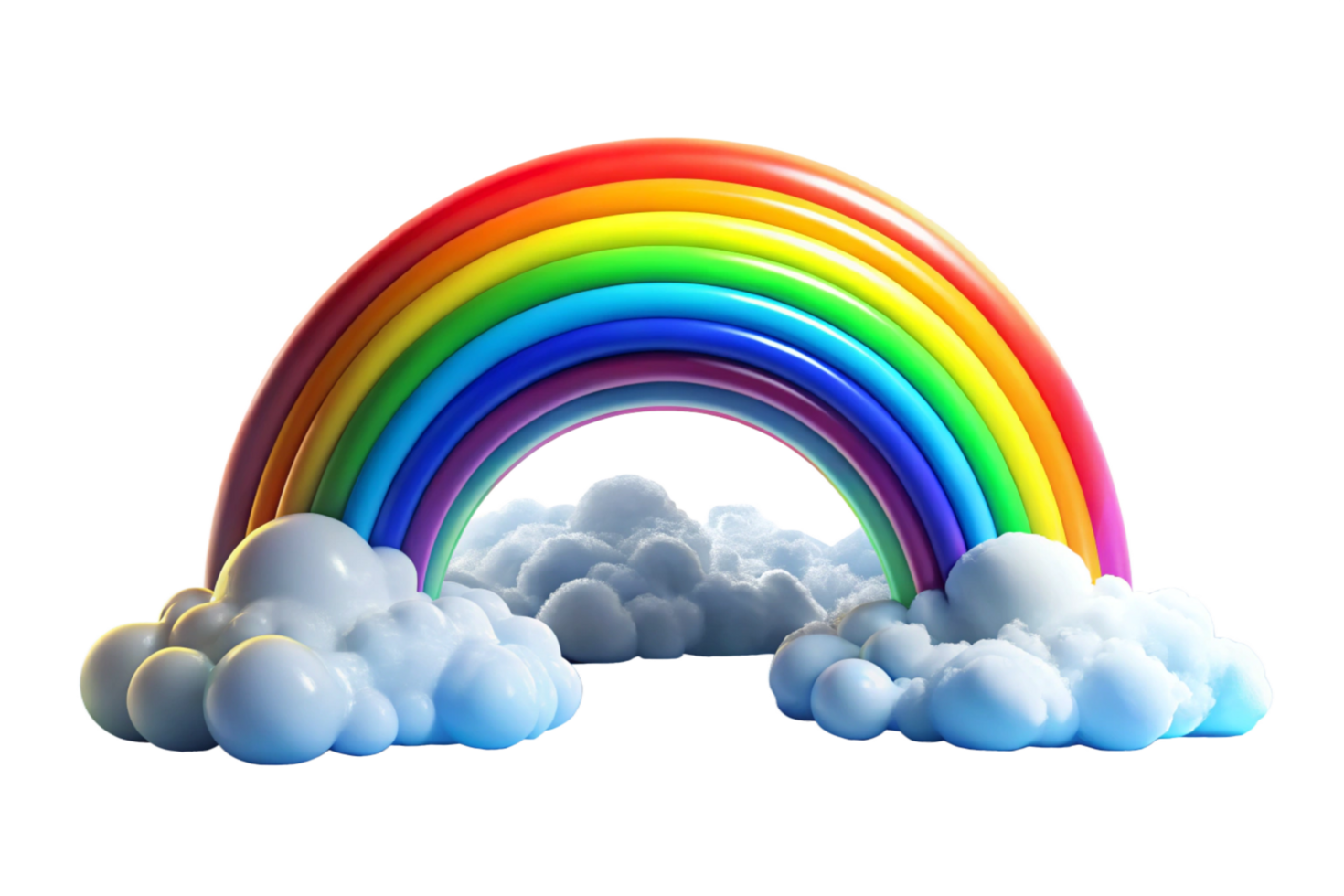 A vibrant rainbow arching over fluffy clouds against a black background a whimsical 3D rendering png