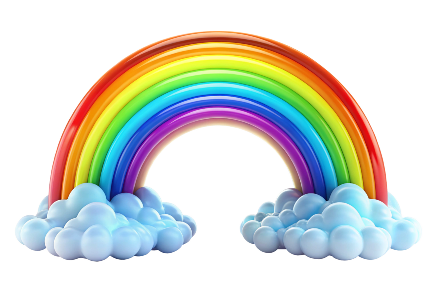 A vibrant and cheerful 3D rendering of a rainbow resting on fluffy clouds against a black background png