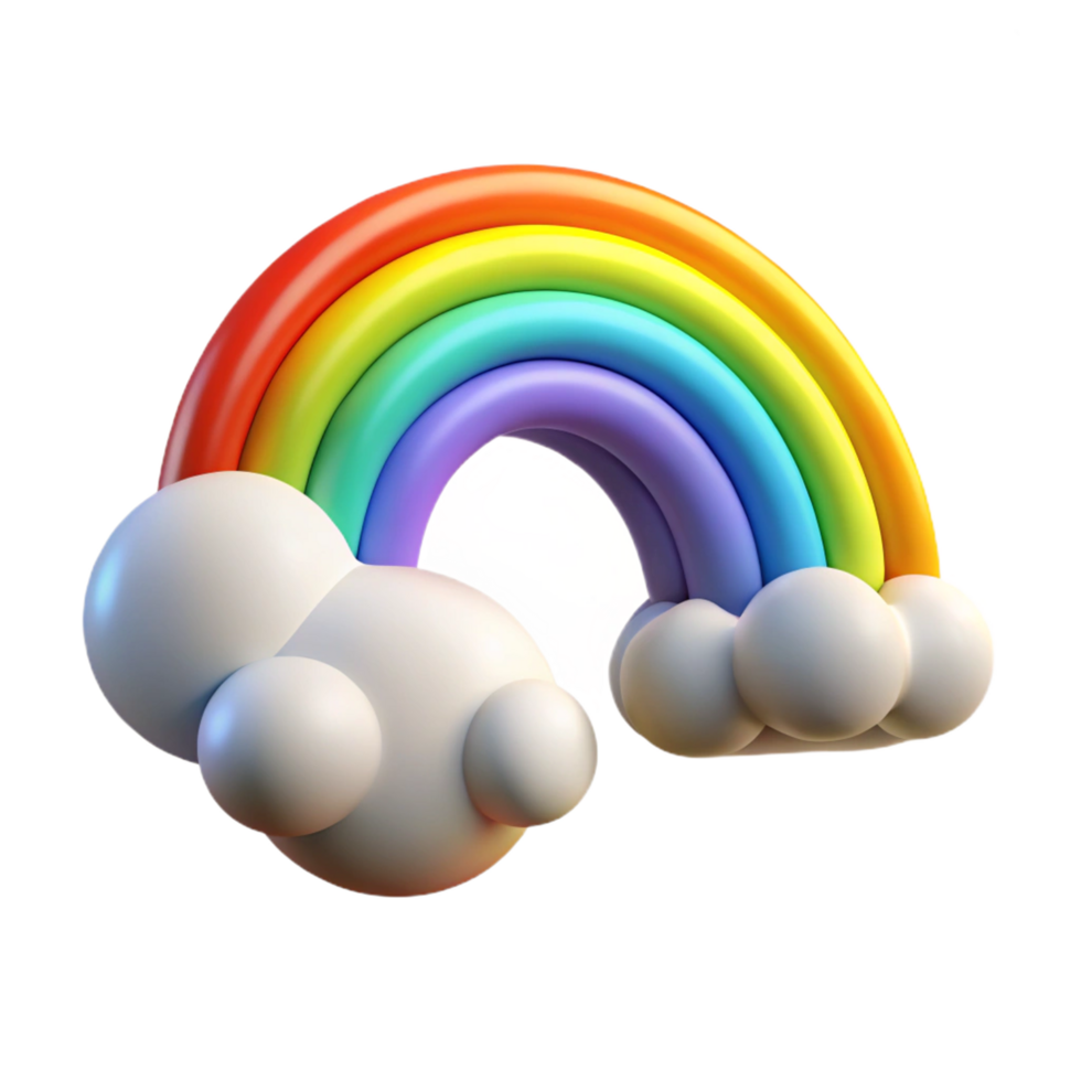 A vibrant 3D rendered rainbow arching over fluffy clouds against a black background a whimsical colorful illustration png