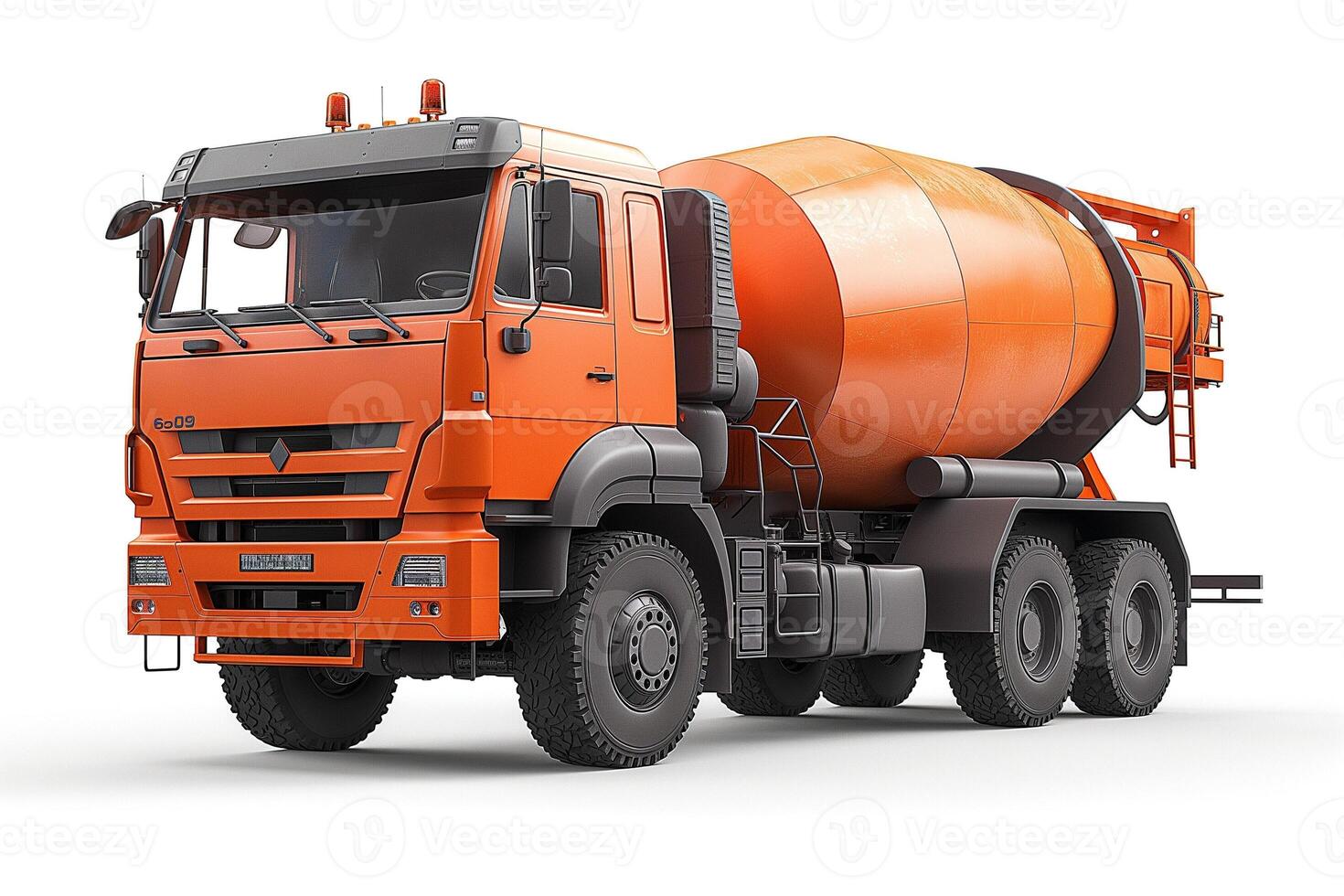 An orange cement mixer truck parked on a clean surface, showcasing its large rotating drum and robust build. photo
