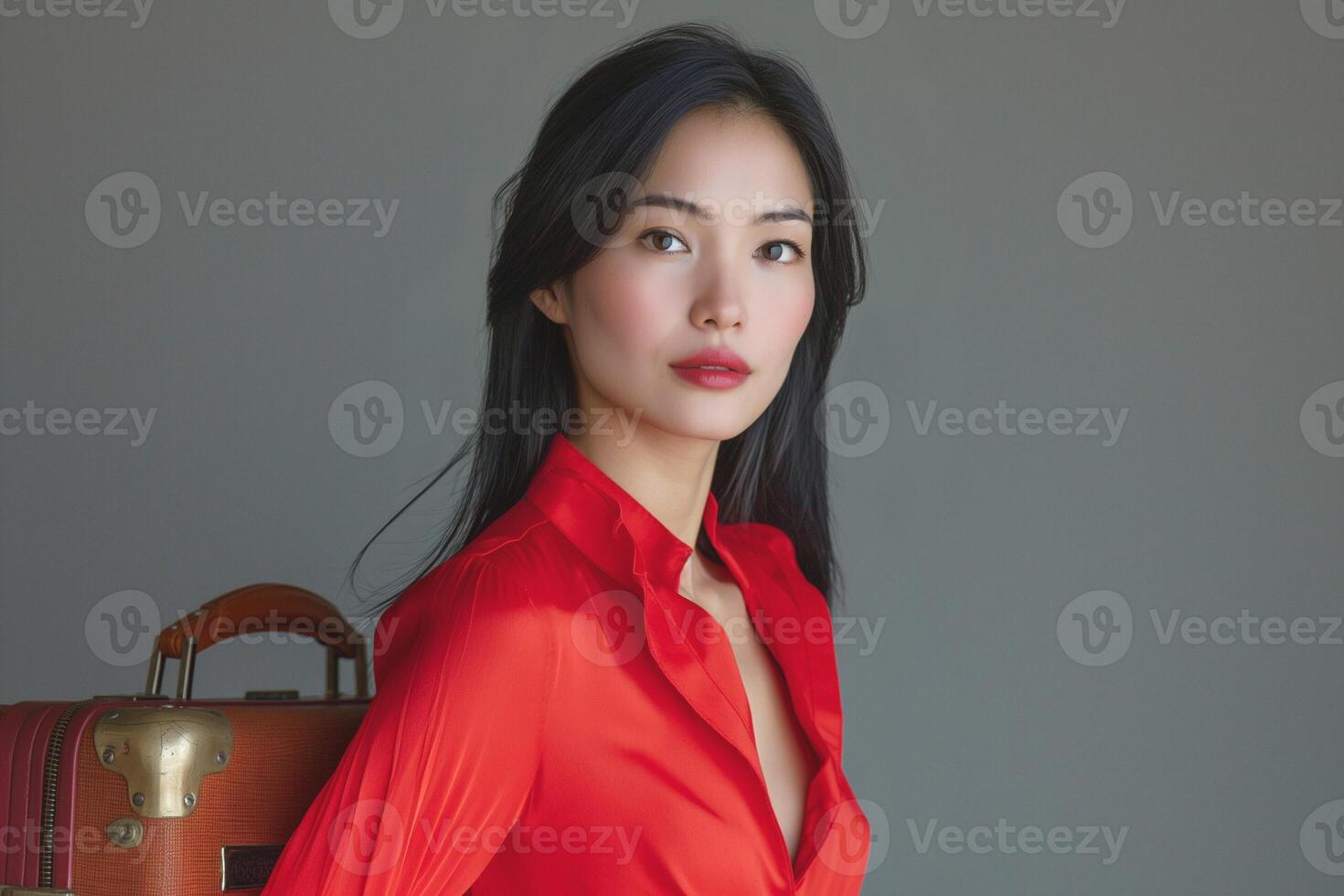 A young Asian woman in a chic red blouse poses elegantly with a stylish suitcase, exuding confidence and readiness for travel. photo