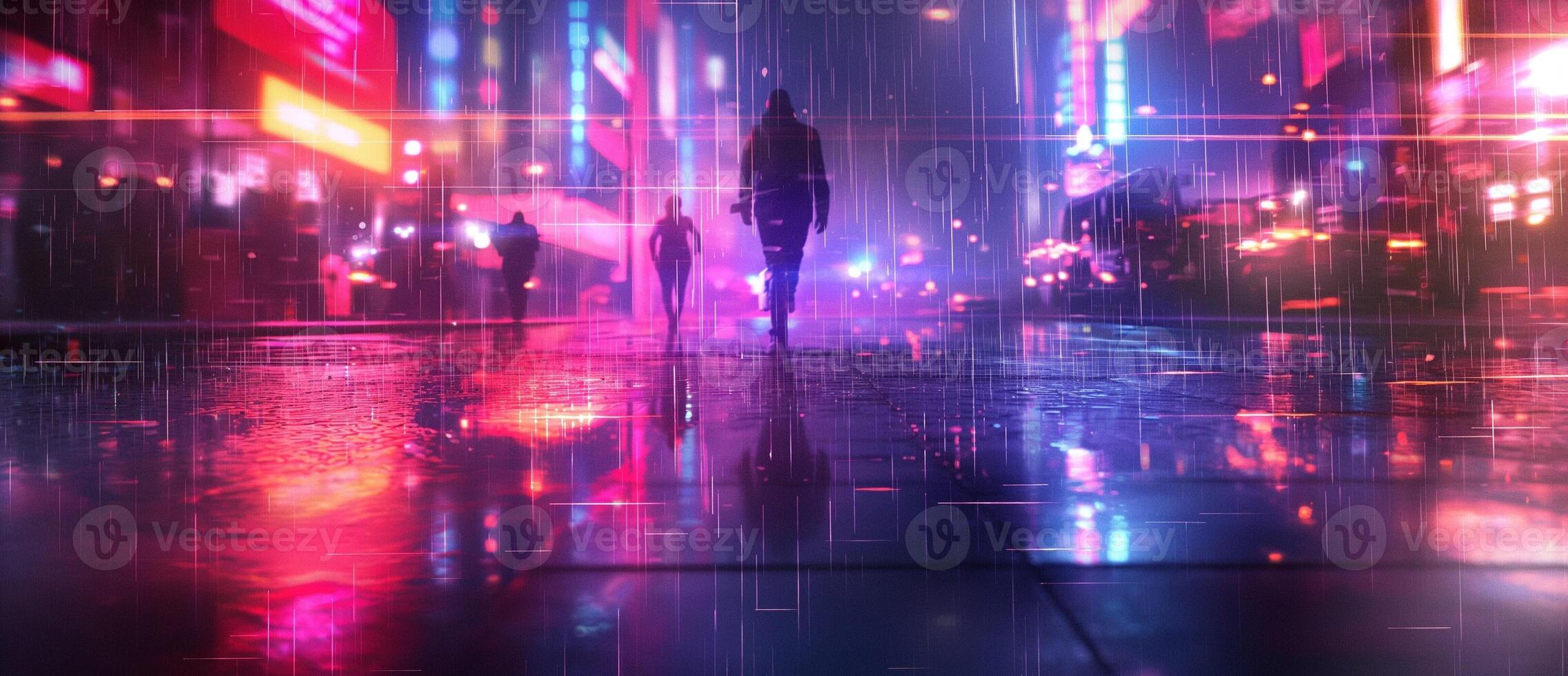 A silhouette of a figure walks through a vibrant, neon-lit street at night, reflecting colors on the wet pavement. photo